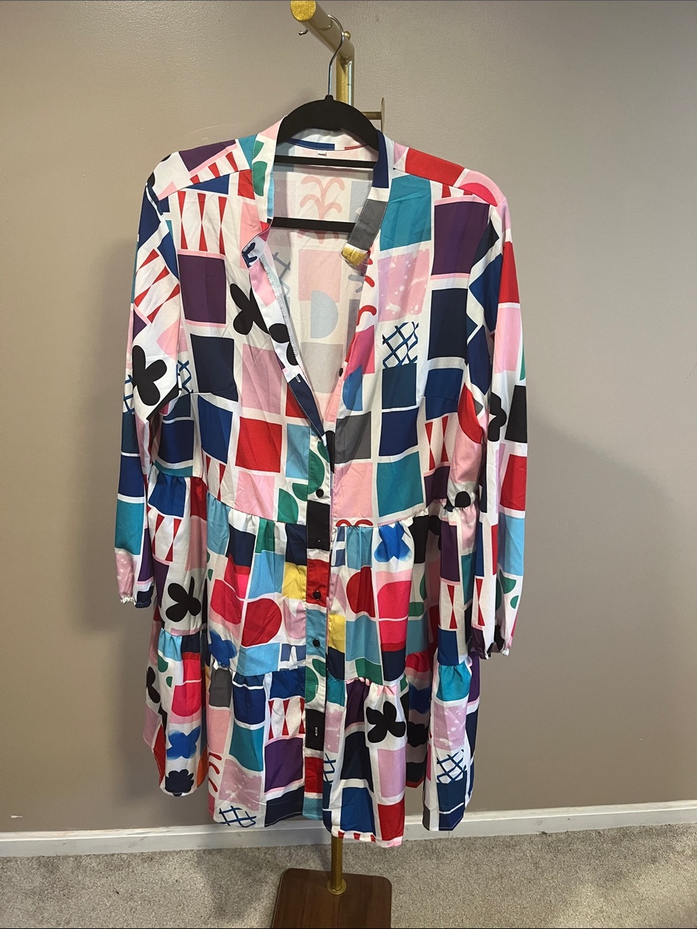 Multi-Color Geometric Print Button-Front Women’s Dress